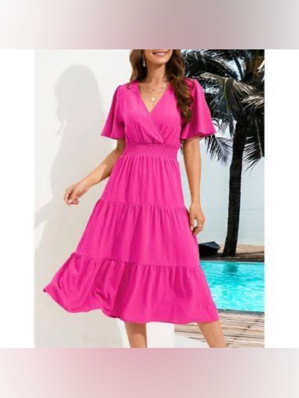 Zattcas Hot Pink Flutter Sleeve Smocked Tiered Dress Size Small